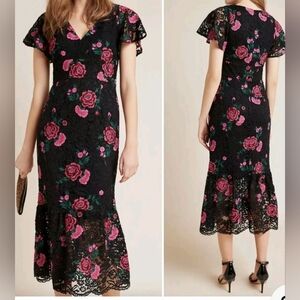 Anthropologie Shoshanna Audette Rose Embroidered Black Lace Floral Maxi Dress 2